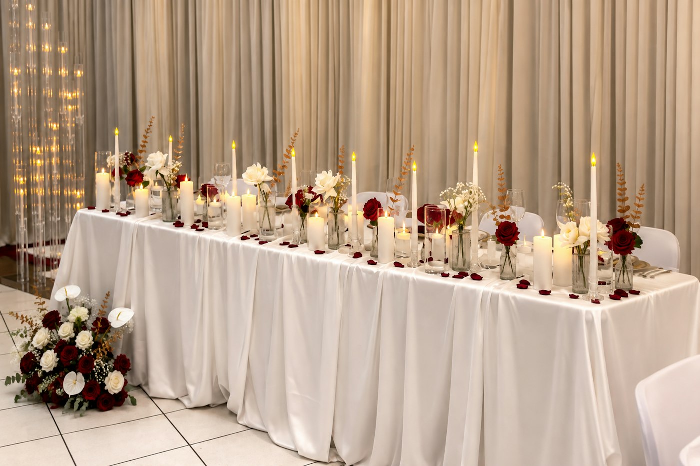 A long head table with white pillar candles, taper candles and single roses in clear glass bud vases and cylinders