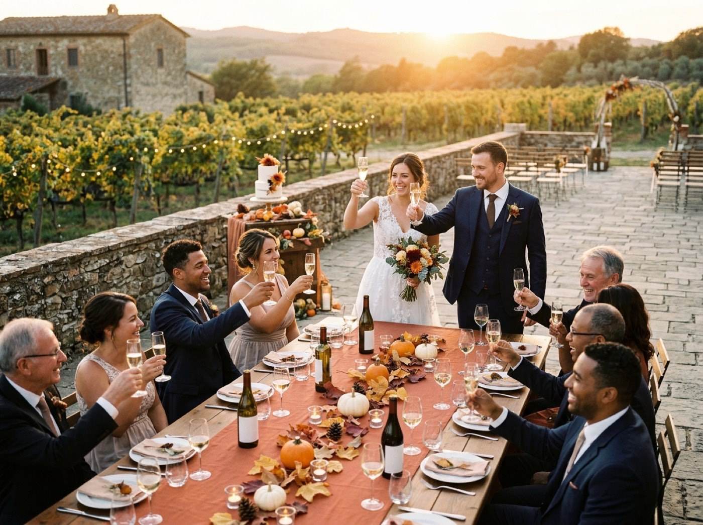 Los novios y los invitados brindan en una mesa larga entre viñedos decorada con calabacitas, hojas, piñas y velitas