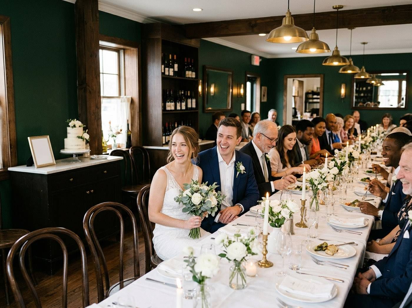 A small wedding dinner with about 25 guests at one long table in a bistro, the bride and groom laughing in the middle