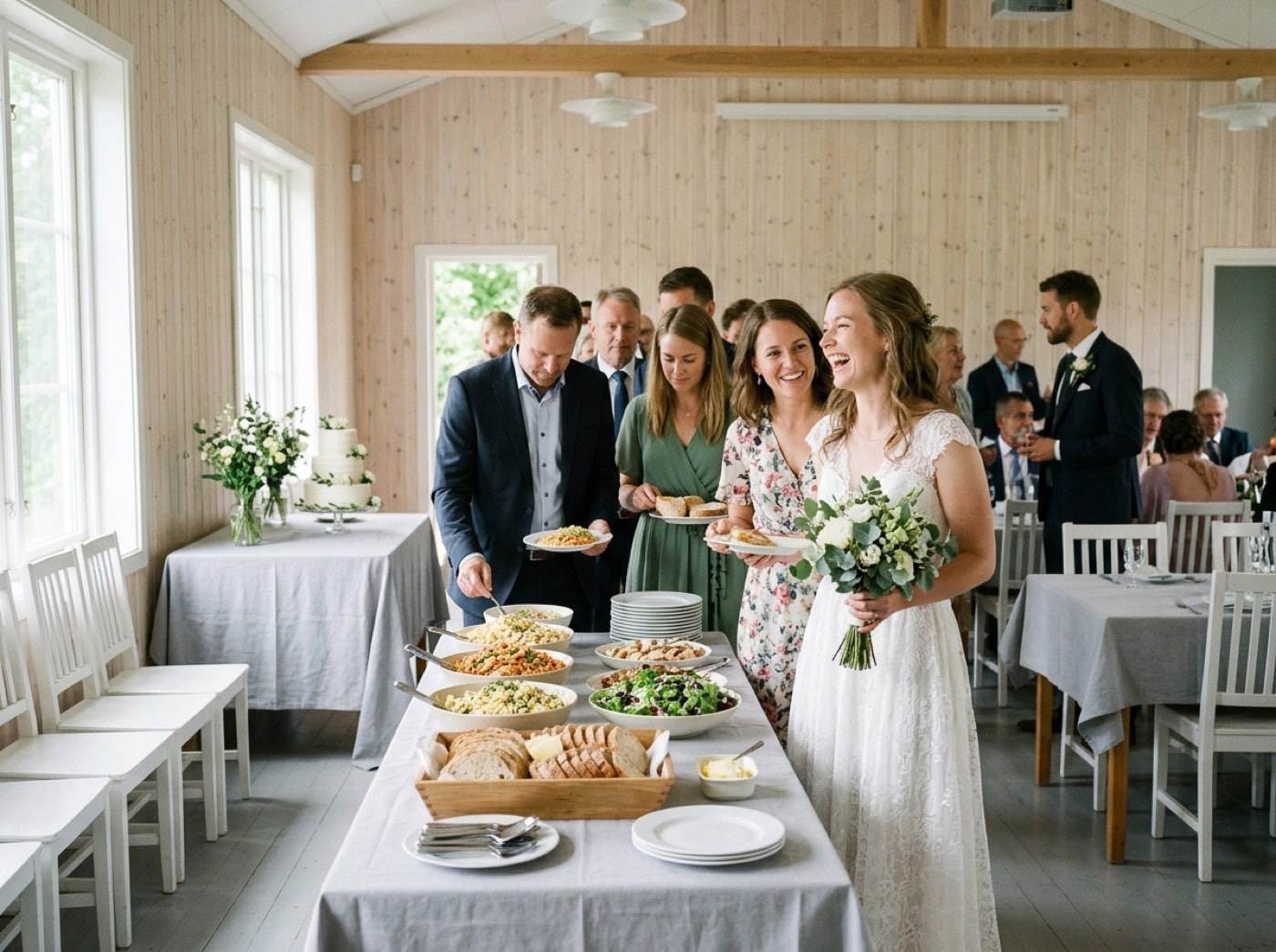Guests serve themselves pasta, salad and bread from a simple wedding buffet while the bride laughs in the queue