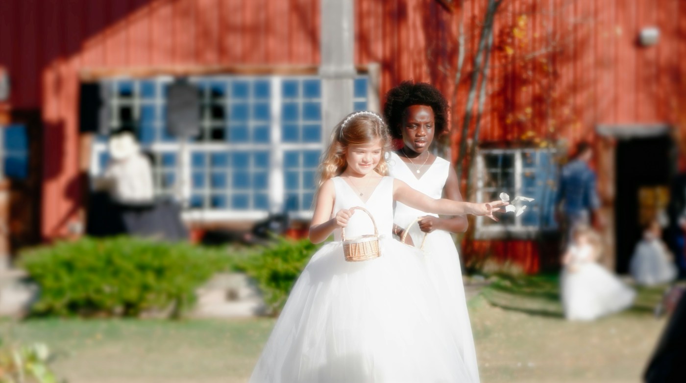 Two flower girls in white tulle dresses carry small baskets and toss petals in front of a red barn