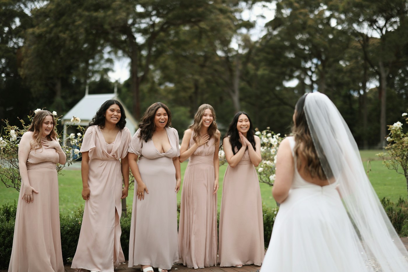 Five bridesmaids in blush dresses laugh and clap as they see the bride in her dress and long veil for the first time in a garden