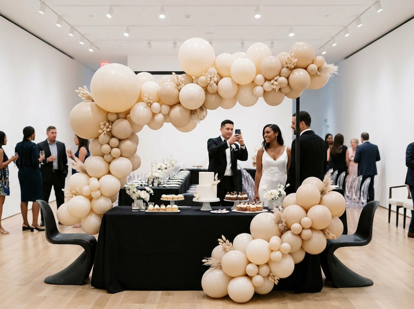 Una guirnalda suelta de globos crema, arena y beige de varios tamaños sobre una mesa de postres de boda, con mechones de lagurus seco entre ellos