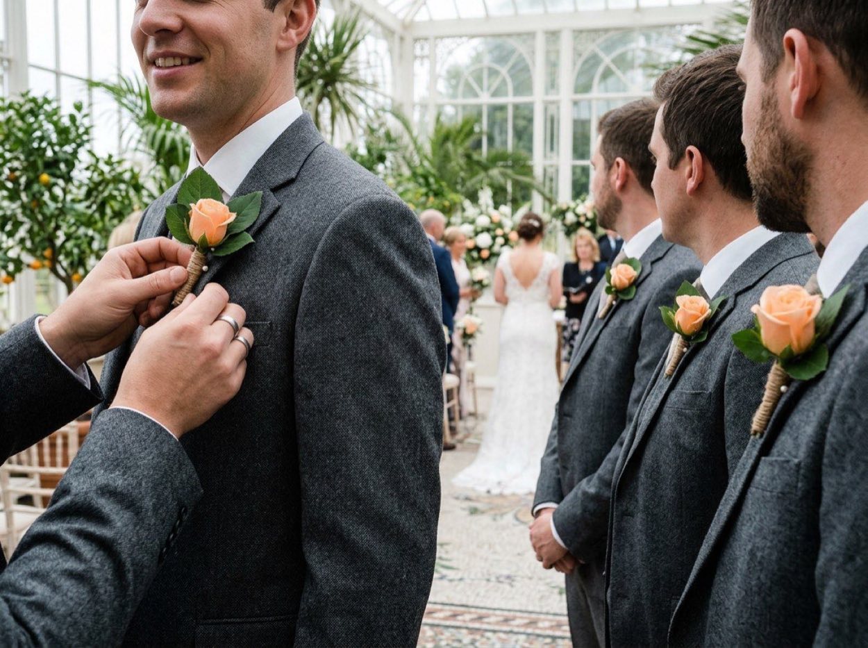 Six small rose boutonnieres with green rose leaves and jute twine wrapped stems, each with a pearl-head pin, laid in a row on a wooden table