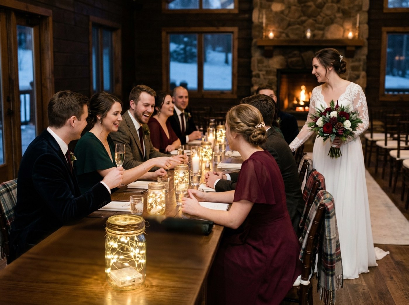 A glass jar with glowing fairy lights, a jute wrap and a sprig of gypsophila lining an outdoor wedding aisle, with a lit ceremony arch behind