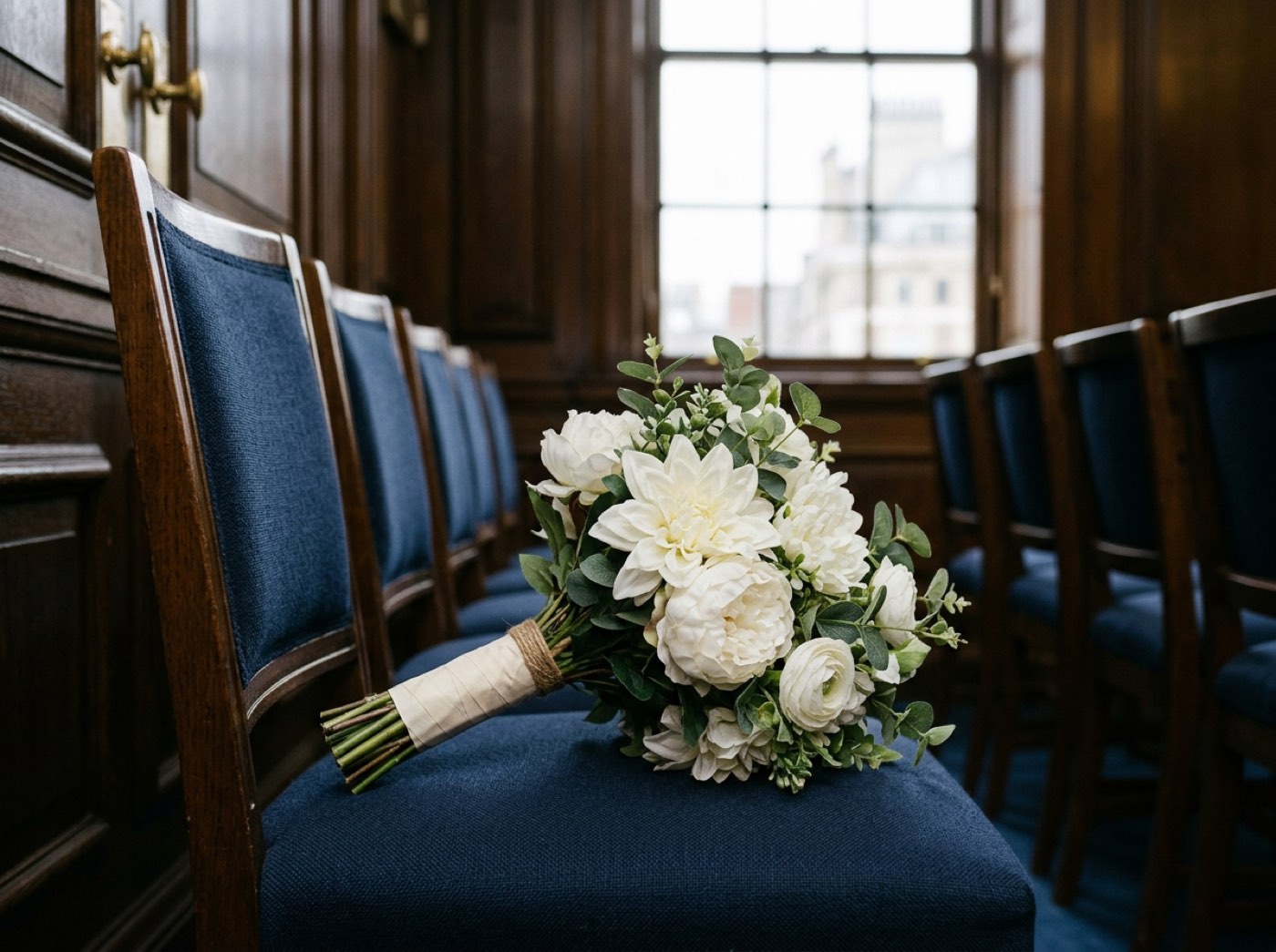 A round bouquet of artificial cream and blush satin roses with pearl brooches, resting on a garden table