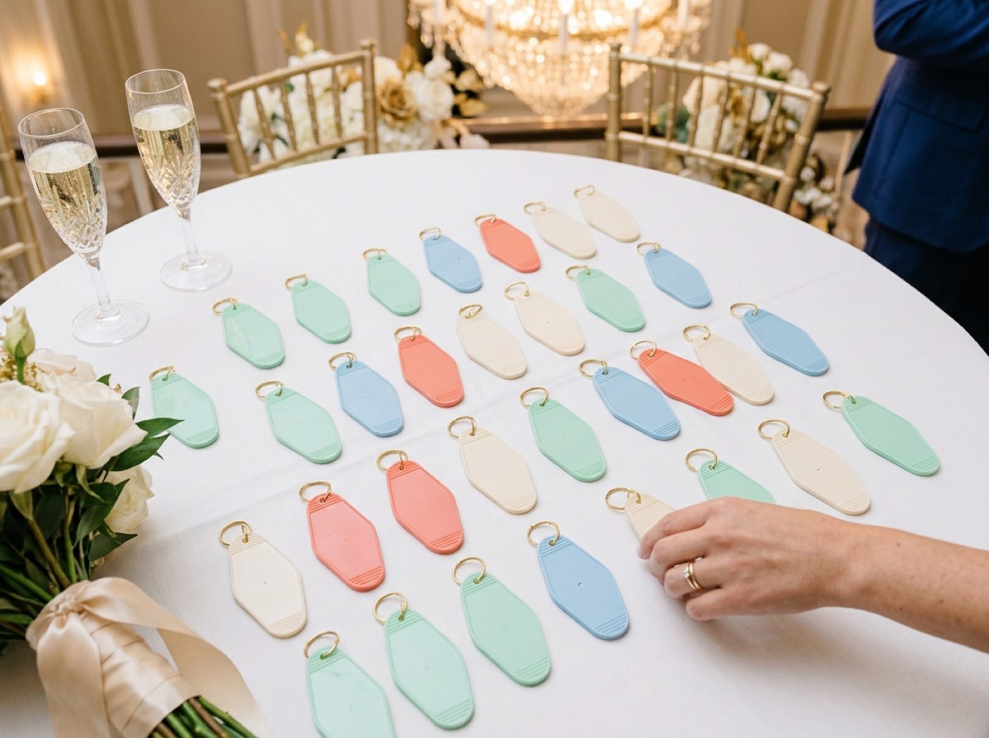 Rows of colourful retro motel key tags on silver key rings, each hand-lettered in white with a guest name and table number, hanging from hooks on a wooden board