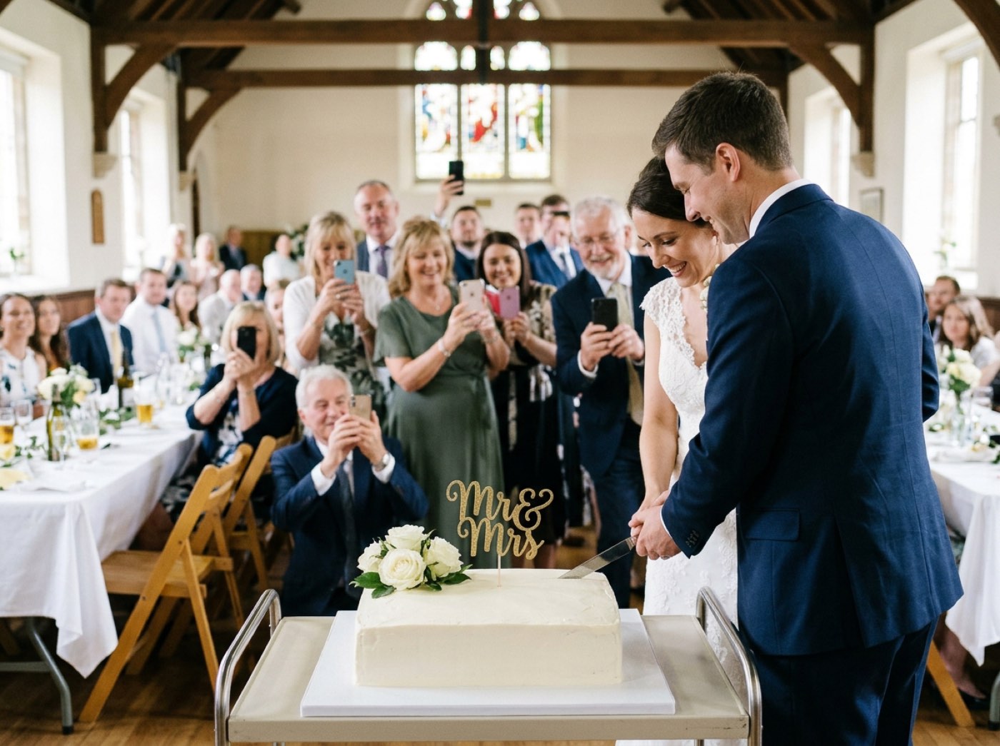 A plain white supermarket sheet cake smoothed with extra buttercream on a cake stand, with a small cluster of white roses in one corner and a gold Mr and Mrs topper