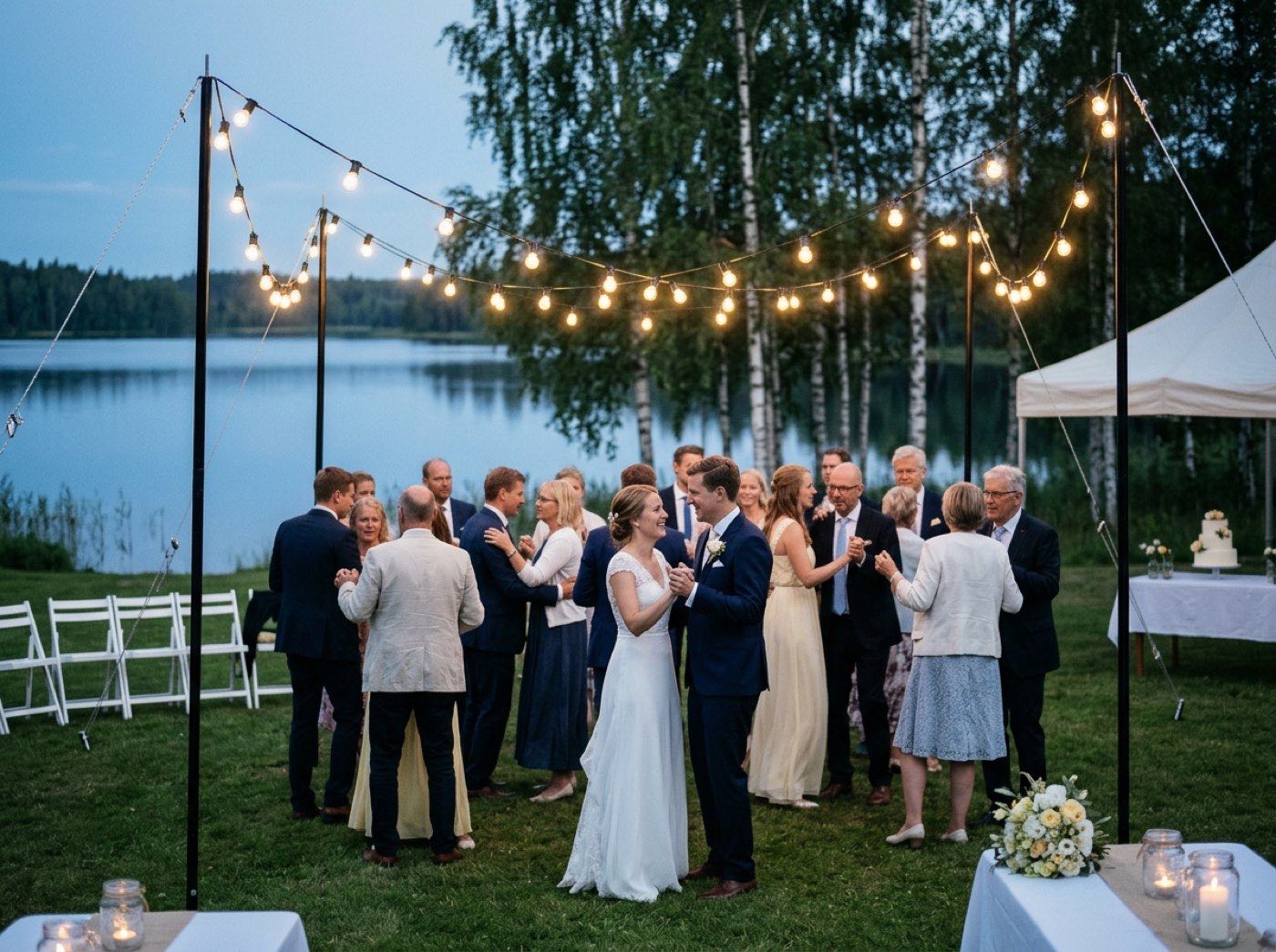 Warm bulb string lights crossing in an X between four black poles over a backyard dance floor at dusk