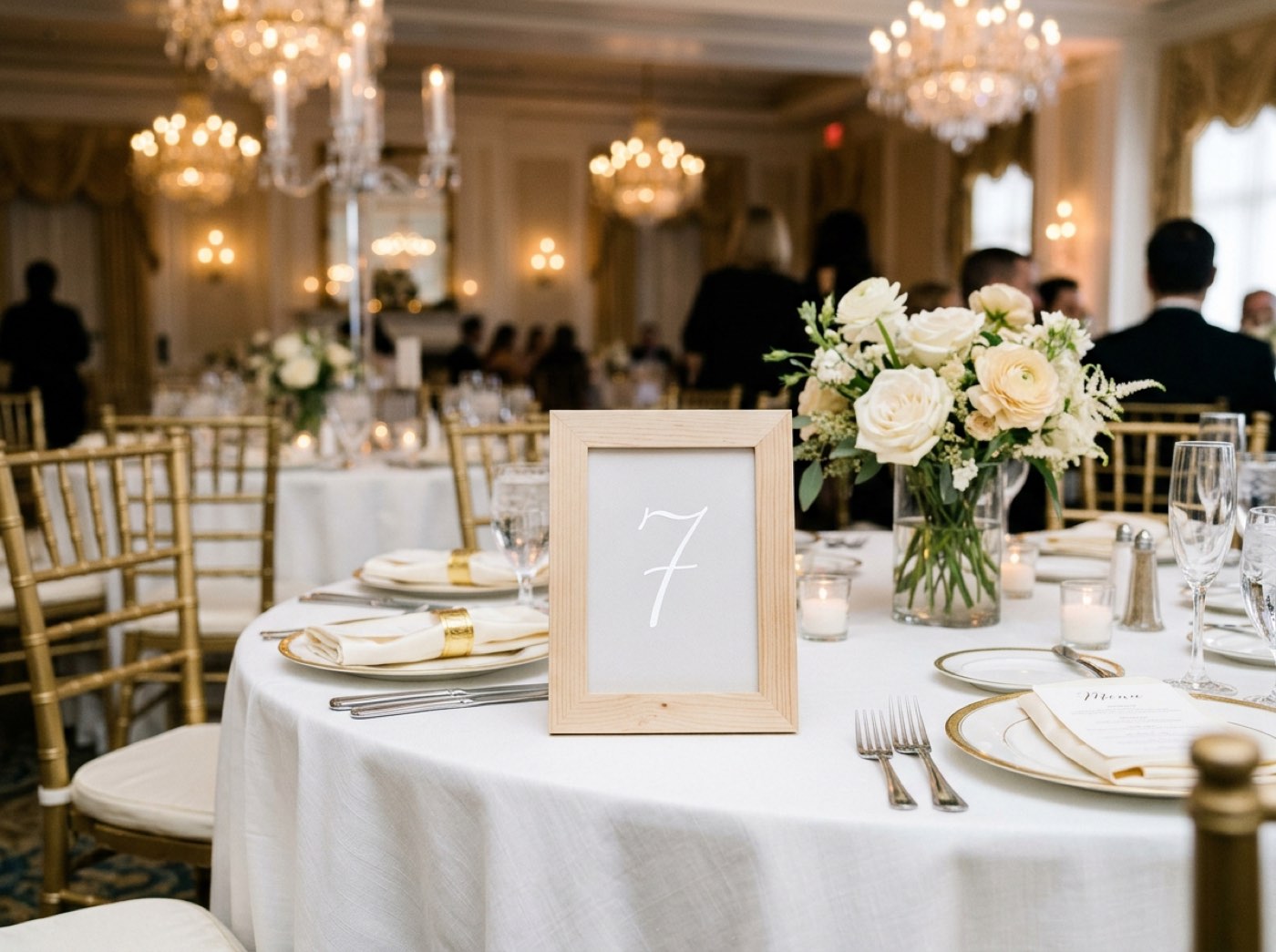 A clear table number 9 standing among wine glasses and greenery on a white wedding reception table in a garden marquee
