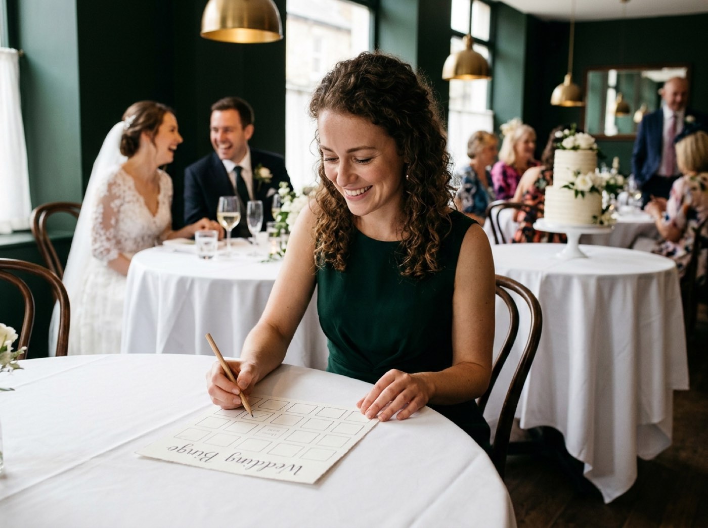 A white half-page bingo card with a 5 x 5 grid of handwritten guest signatures and a short golf pencil on a reception table