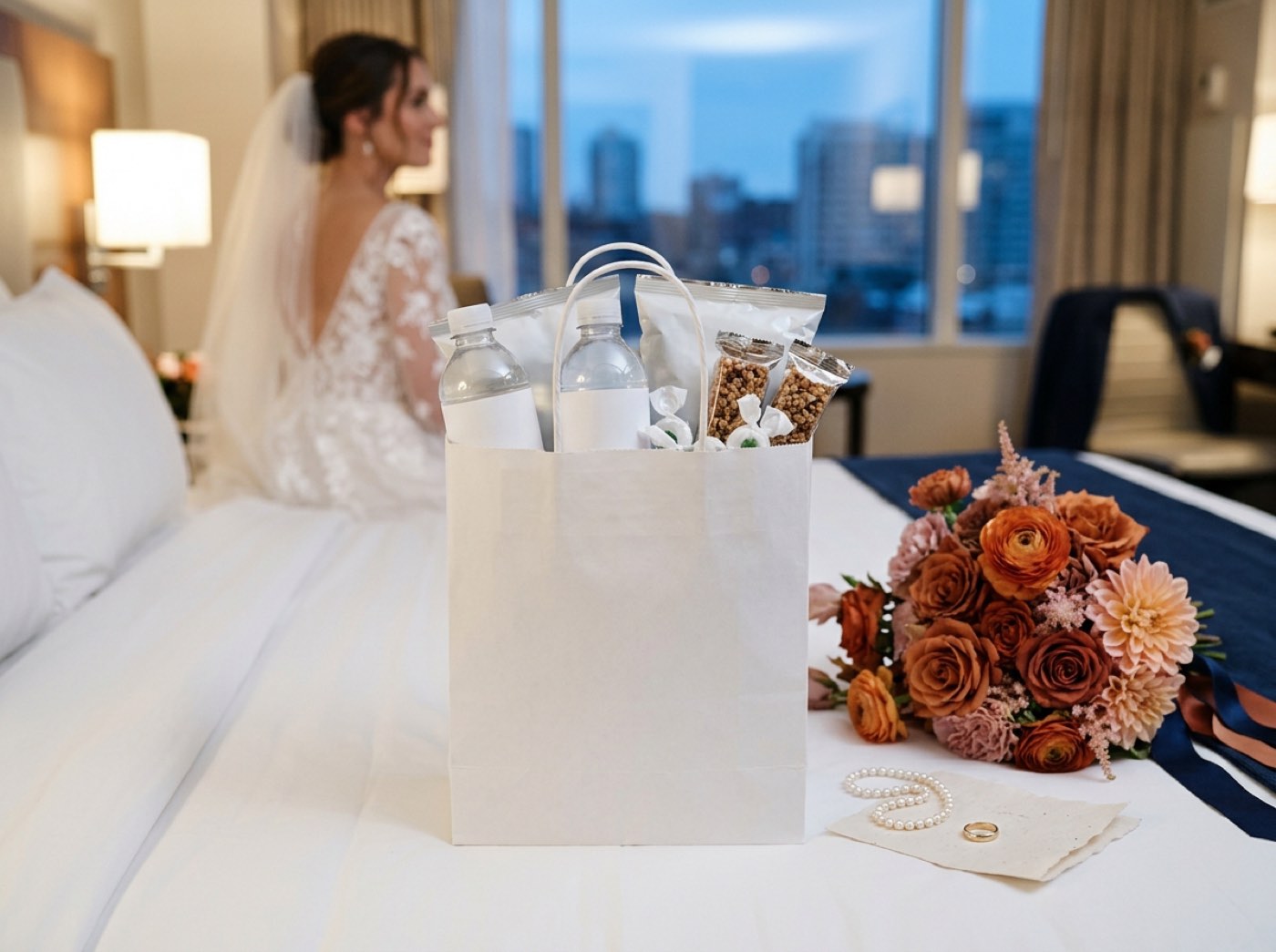 A white paper gift bag with handles on a hotel bed, holding two bottles of water and snacks, with a bridal bouquet beside it